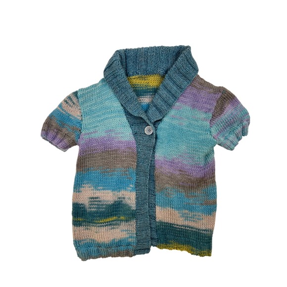 Hand Knit Cardigan Short Sleeve Crop Teal Blue Purple Shawl Collar Button Top XS - Picture 1 of 8